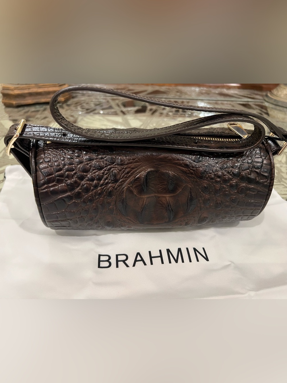 Brahmin Chocolate Croc-Embossed Barrel Shoulder Bag NWT